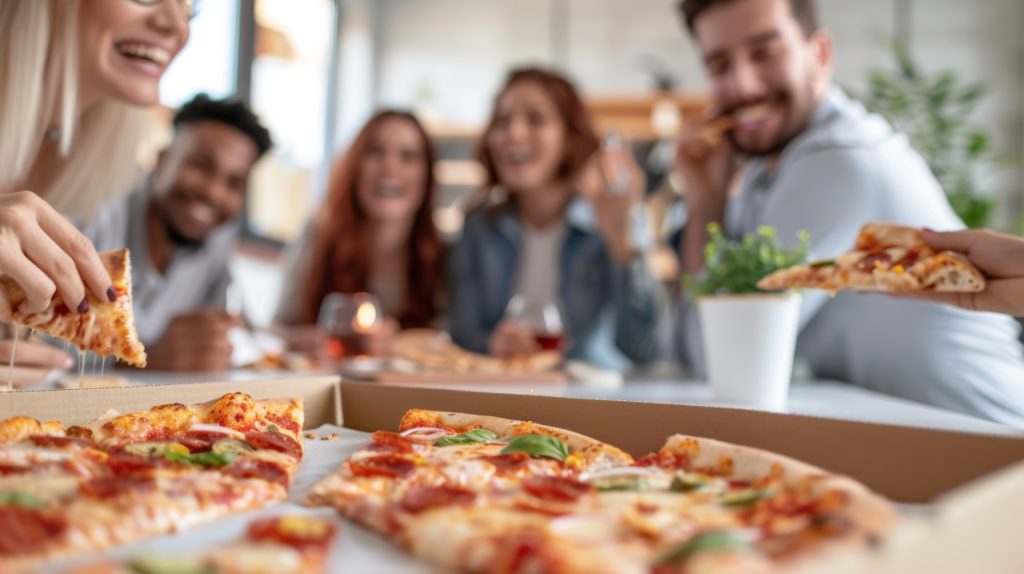 afterwork gemeinsam feiern gehoert bei uns mit dazu Menschen essen Pizza und lachen