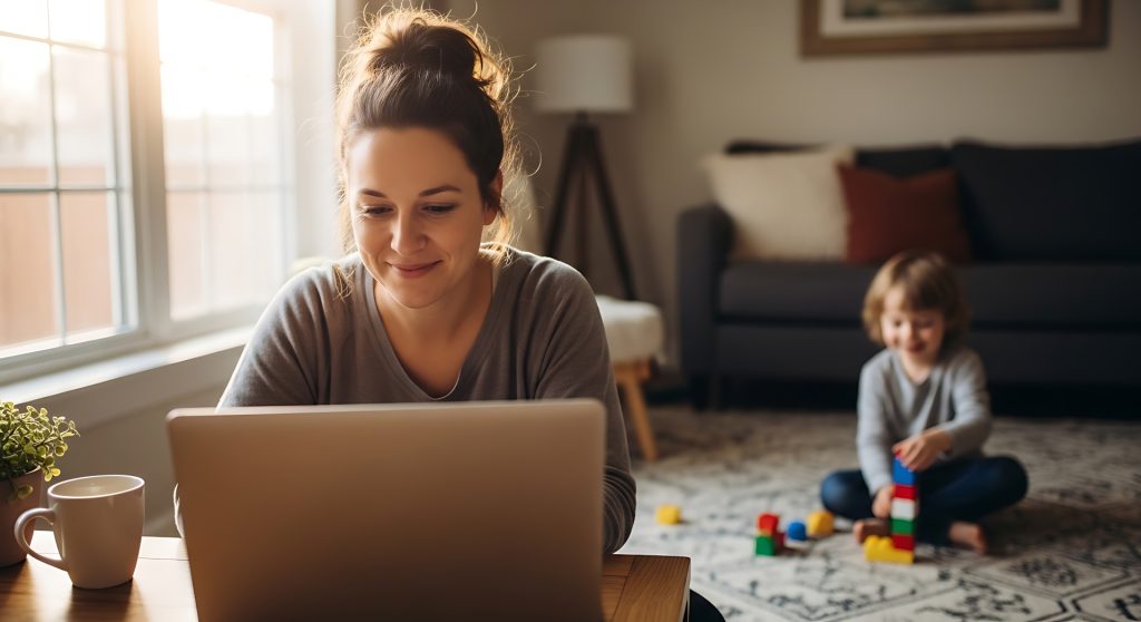 beruf und familie hat bei uns einen hohen stellenwert Frau arbeitet am Laptop zu Hause