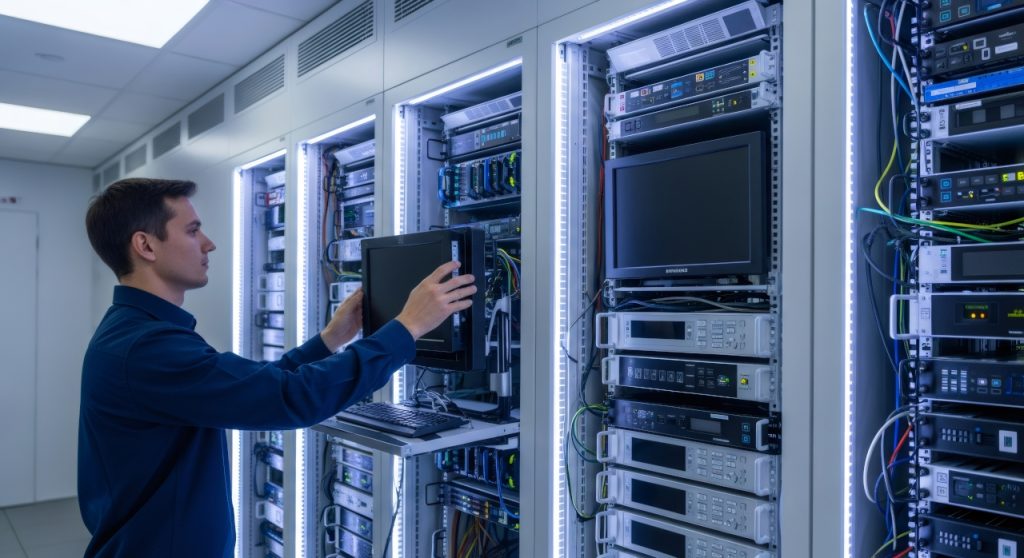 fachinformatiker in fuer systemintegration Mann im Serverraum arbeitet