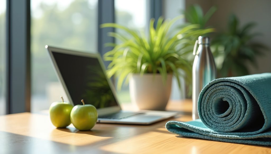 gesundheit unser groesster schatz Gesundes Arbeitsplatz-Setup mit Äpfeln